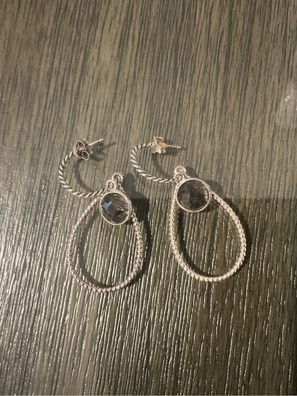 Pandora Sterling Silver Black Rutilated Quartz Hoop Earrings